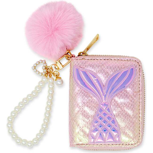 Mermaid Tail  Wallet with Pom-Pom & Pearl Strap, Pink