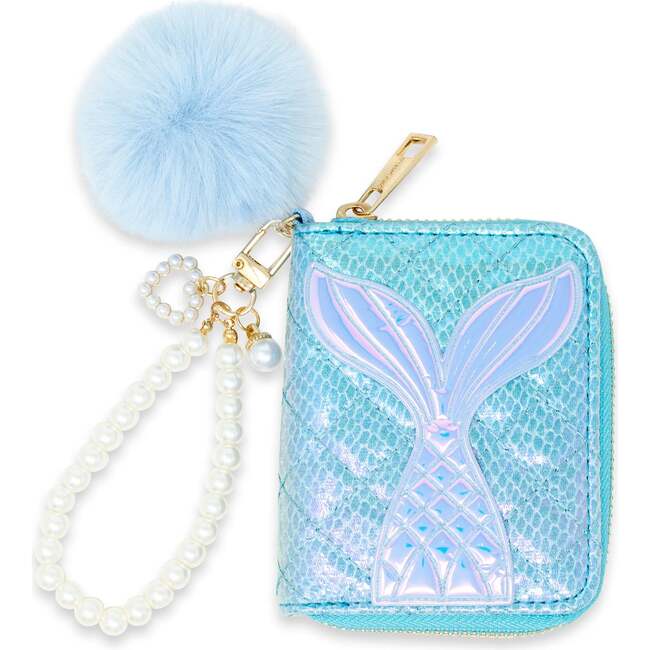 Mermaid Tail  Wallet with Pom-Pom & Pearl Strap, Blue