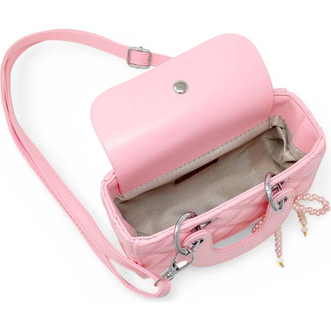 Quilted Rectangle Bow Charm Handbag, Pink - Bags - 5