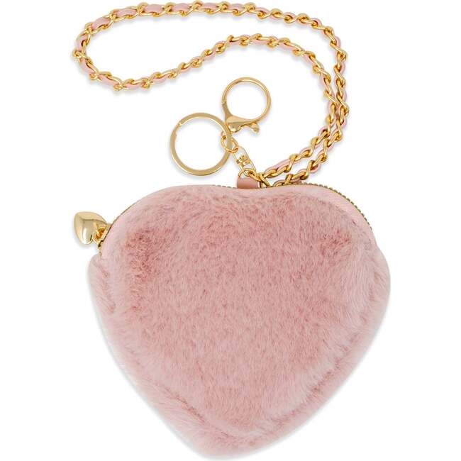 Girl's Fuzzy Heart Wristlet Coin Purse, Blush Pink