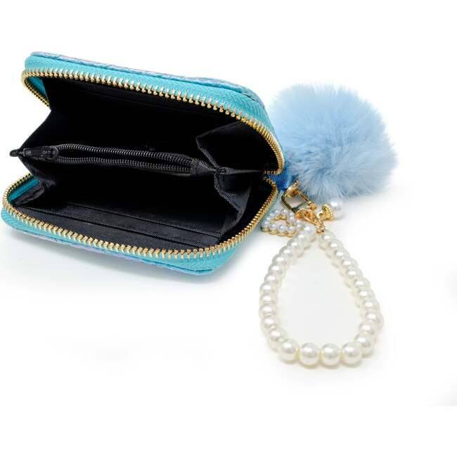 Mermaid Tail  Wallet with Pom-Pom & Pearl Strap, Blue - Bags - 2