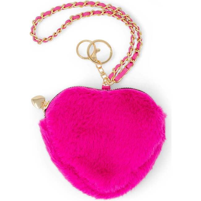 Girl's Fuzzy Heart Wristlet Coin Purse, Hot Pin k