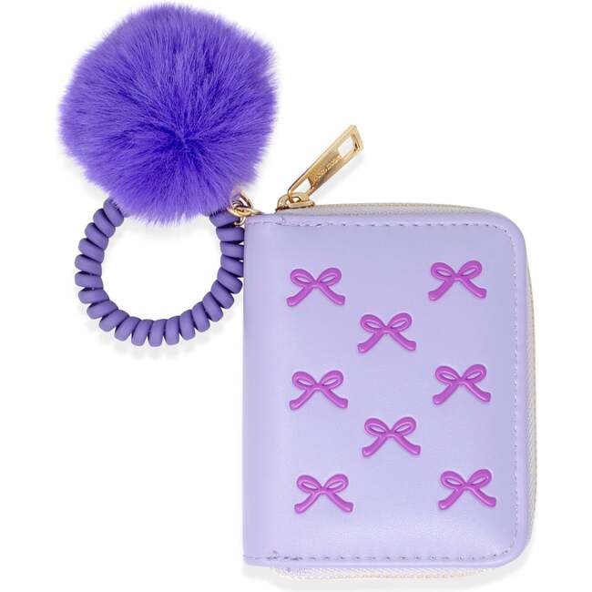 3D Bow Pom Pom Zip Wallet, Purple