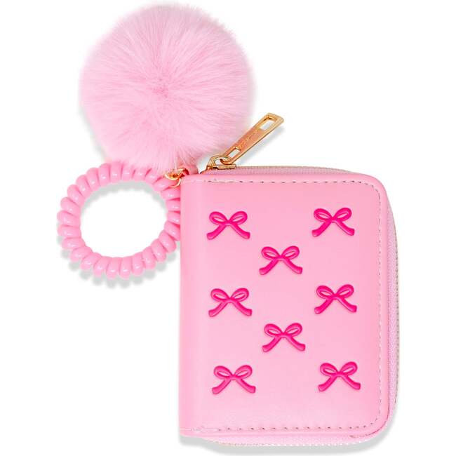 3D Bow Pom Pom Zip Wallet, Pink