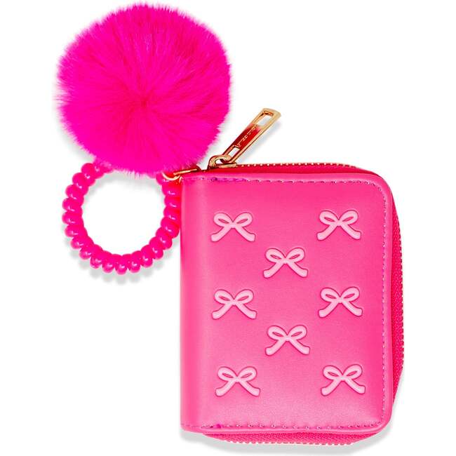 3D Bow Pom Pom Zip Wallet, Hot Pink