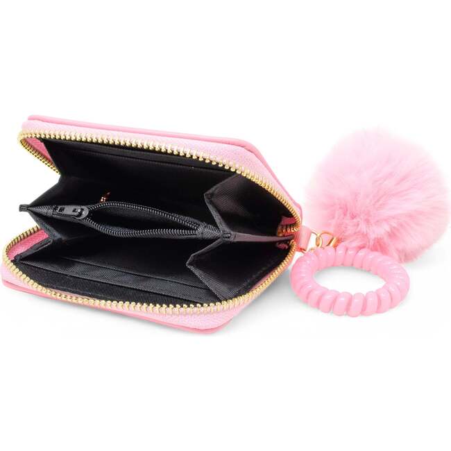 3D Bow Pom Pom Zip Wallet, Pink
