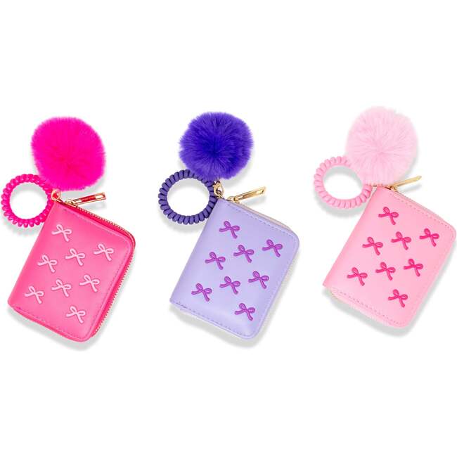 3D Bow Pom Pom Zip Wallet, Pink - Bags - 3