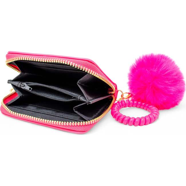 3D Bow Pom Pom Zip Wallet, Hot Pink - Bags - 2