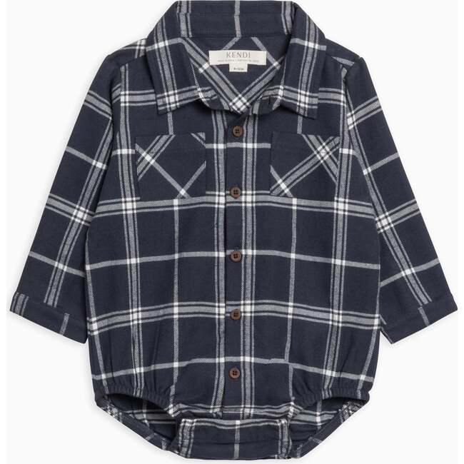 KENDI Carson Flannel Long Sleeve Collared Button Down Bodysuit Navy Plaid