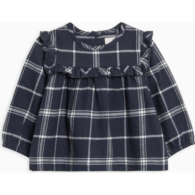 KENDI Sally Flannel Ruffle Neckline Top Navy Plaid
