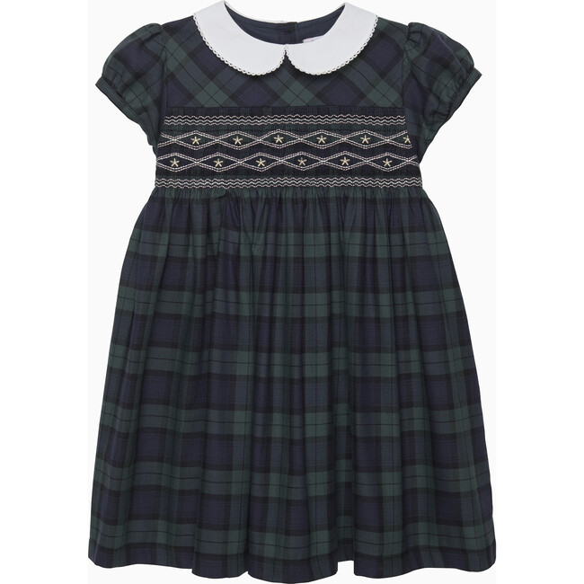 Kids Charlotte Tartan Smocked Dress, Navy Tartan