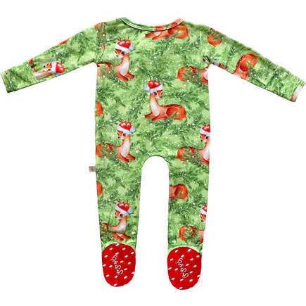 Fawns Through The Snow Christmas Holiday Bamboo Zipper Footed Onesie, Green