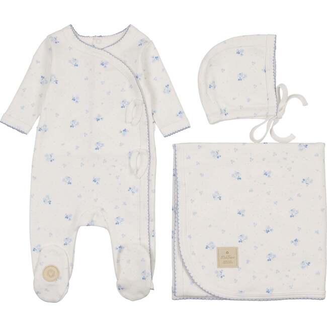 Scattered Blossoms Layette Set Ivory & Blue