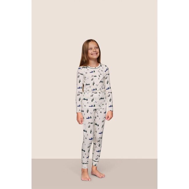 Kids Printed TENCEL Modal Unisex Long PJ Set, SKI CHALET IVORY/PINE