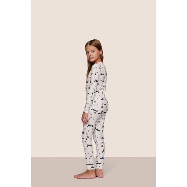 Kids Printed TENCEL Modal Unisex Long PJ Set, SKI CHALET IVORY/PINE - Pajamas - 2
