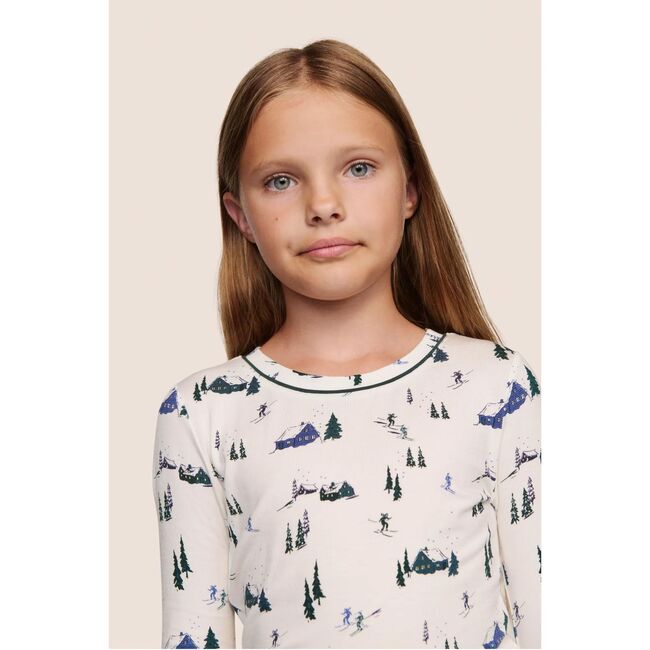 Kids Printed TENCEL Modal Unisex Long PJ Set, SKI CHALET IVORY/PINE - Pajamas - 3