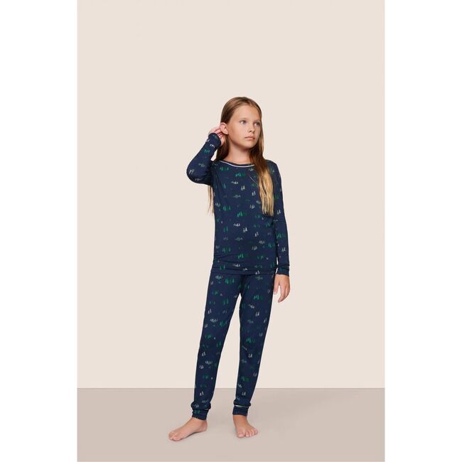 Kids Printed TENCEL Modal Unisex Long PJ Set, FOREST PINE NAVY/IVORY