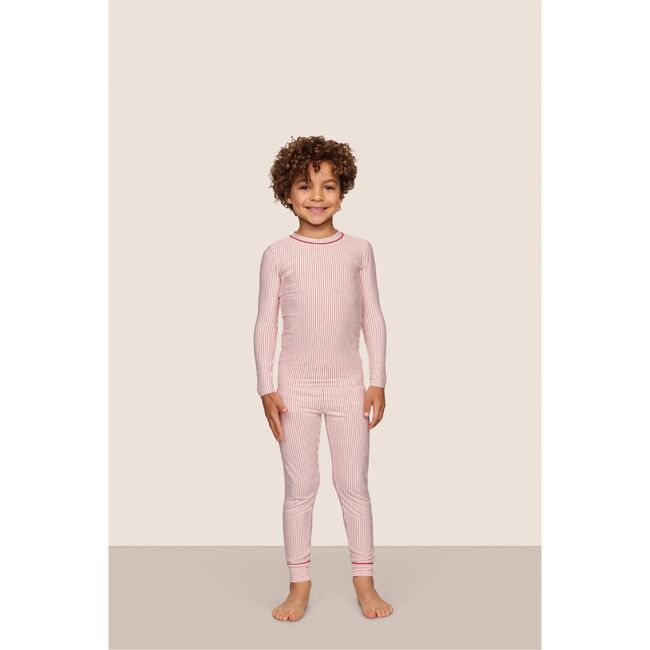Kids Printed TENCEL Modal Unisex Long PJ Set, DUO STRIPES HOLLY RED/HOLLY RED