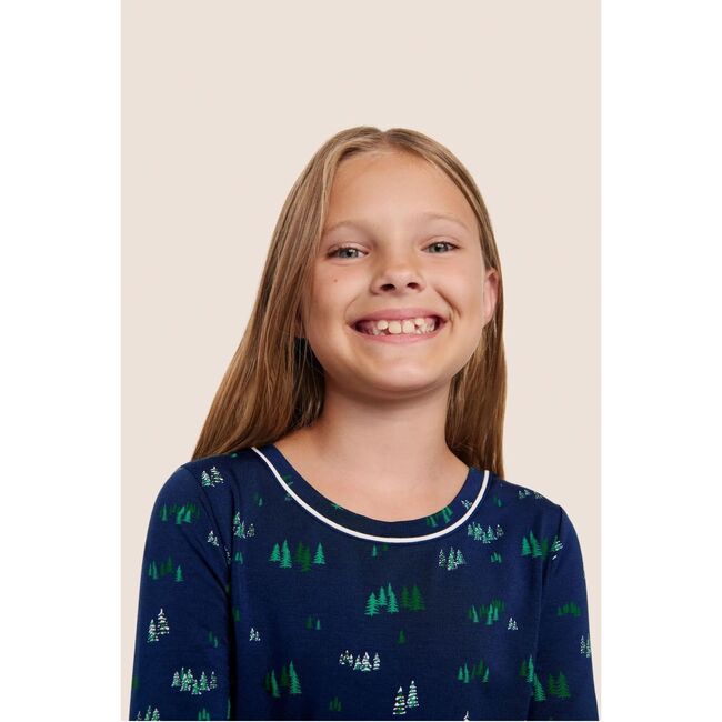 Kids Printed TENCEL Modal Unisex Long PJ Set, FOREST PINE NAVY/IVORY - Pajamas - 2