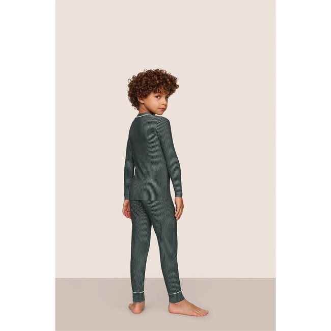 Kids Printed TENCEL Modal Unisex Long PJ Set, DUO STRIPES PINE/IVORY - Pajamas - 3