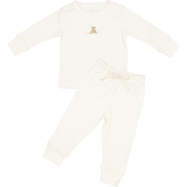 Embroidered Two Piece Set, Bear w/ Flowers Pearl