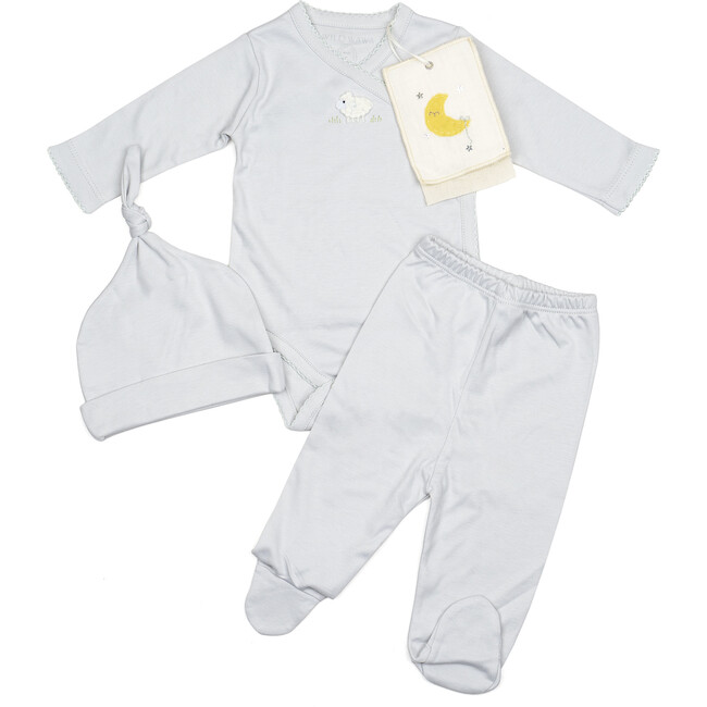 Embroidered Three Piece Set, Lamb Blue