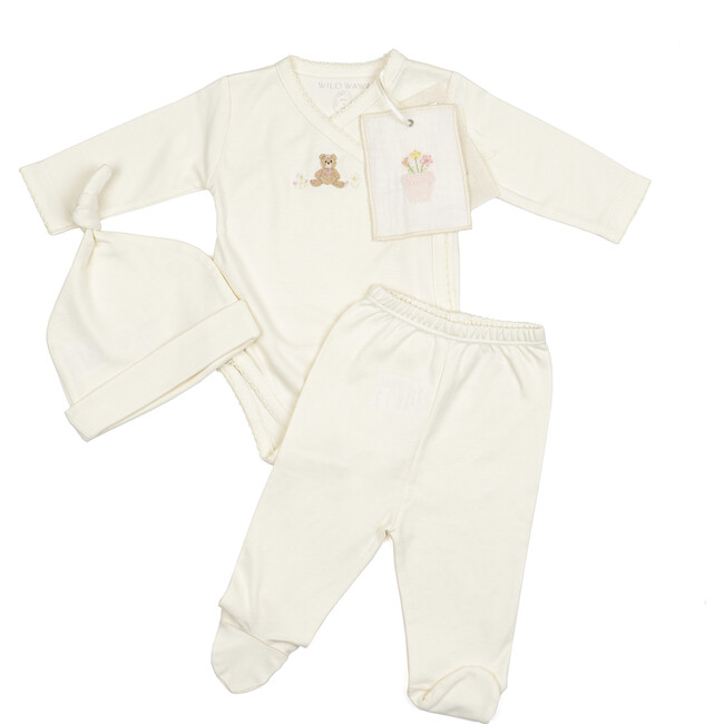 Embroidered Three Piece Set, Bear w/ Flowers Pearl