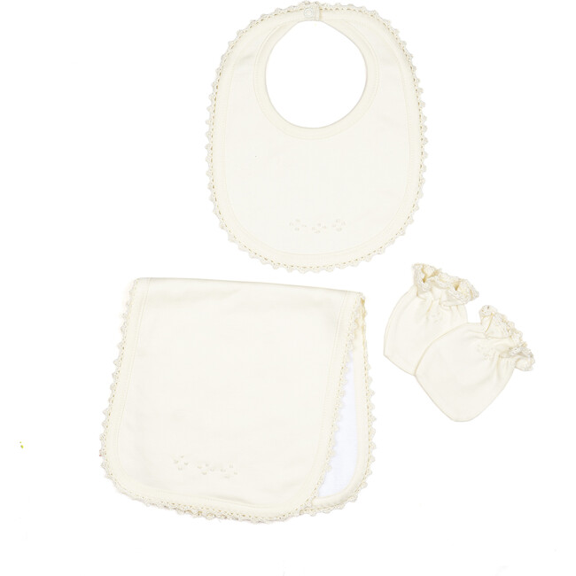 Bib/Mittens/Burp Cloth Set, Pearl
