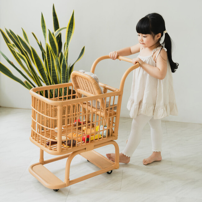 Kids Handcrafted Rattan Shopping Cart With Baby Seat, Natural