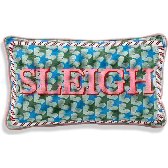 Sleigh Needlepoint Pillow, Blue, Pink
