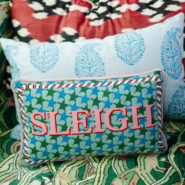 Sleigh Needlepoint Pillow, Blue, Pink