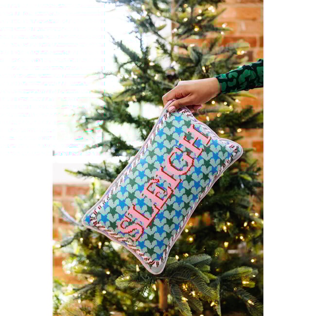 Sleigh Needlepoint Pillow, Blue, Pink - Decorative Pillows - 4