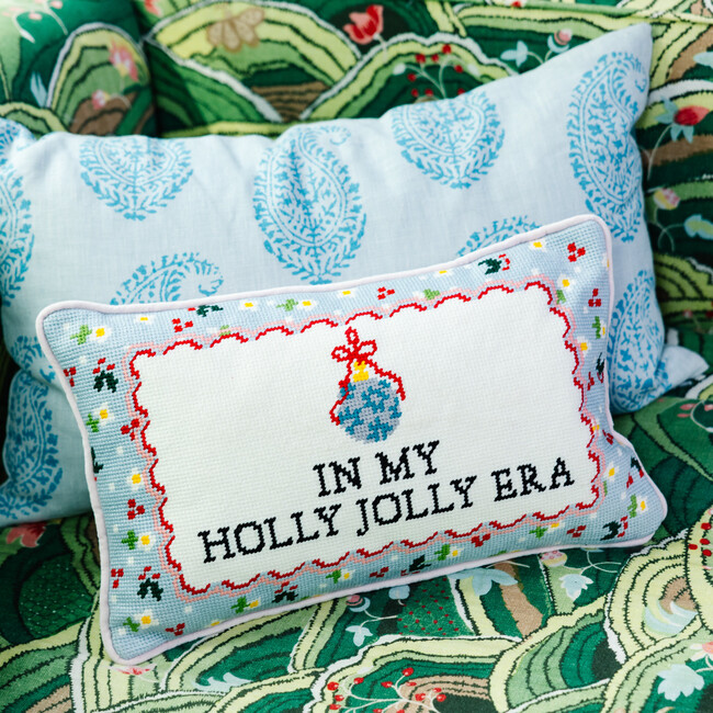 Holly Jolly Era Needlepoint Pillow, White, Blue