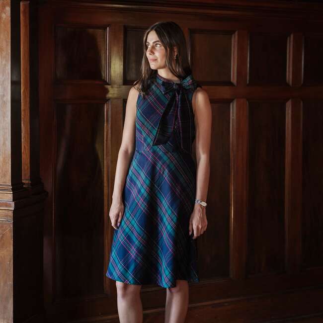 Organic Sleeveless Bow Neck Dress, Scottish Plaid