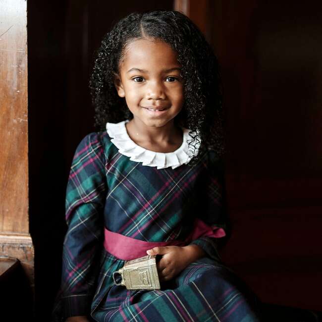 Organic Pleated Collar Dress with Sash, Scottish Plaid