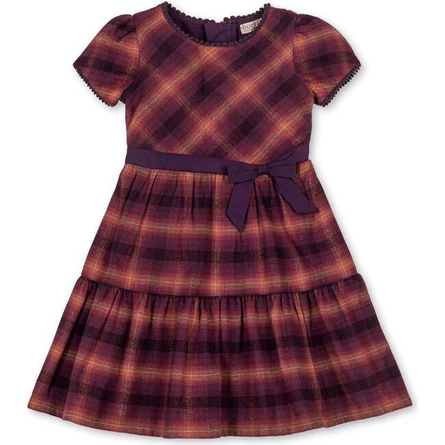 Organic Puff Sleeve Tiered Flannel Dress with Sash, Sugar Plum Plaid