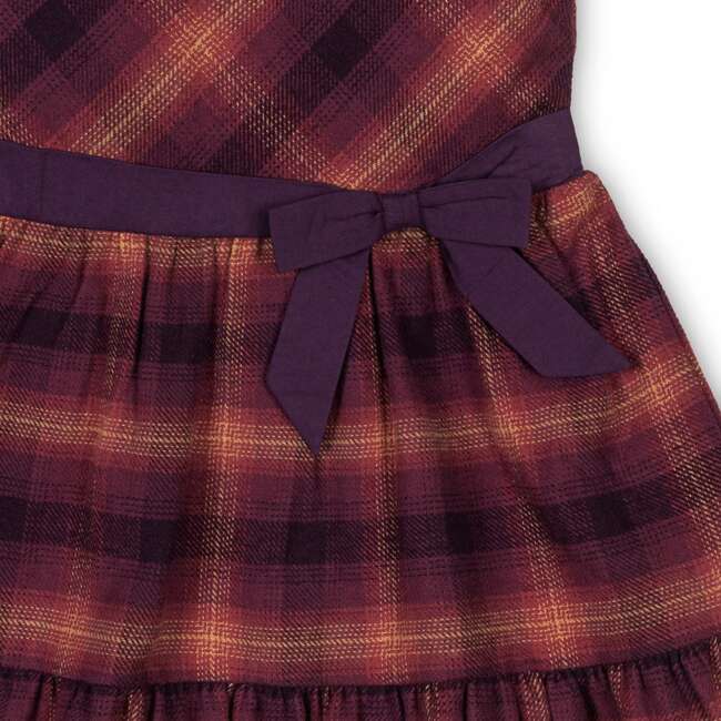 Organic Puff Sleeve Tiered Flannel Dress with Sash, Sugar Plum Plaid - Dresses - 2