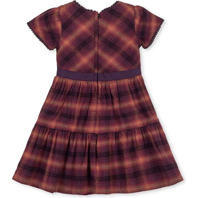 Organic Puff Sleeve Tiered Flannel Dress with Sash, Sugar Plum Plaid - Dresses - 3