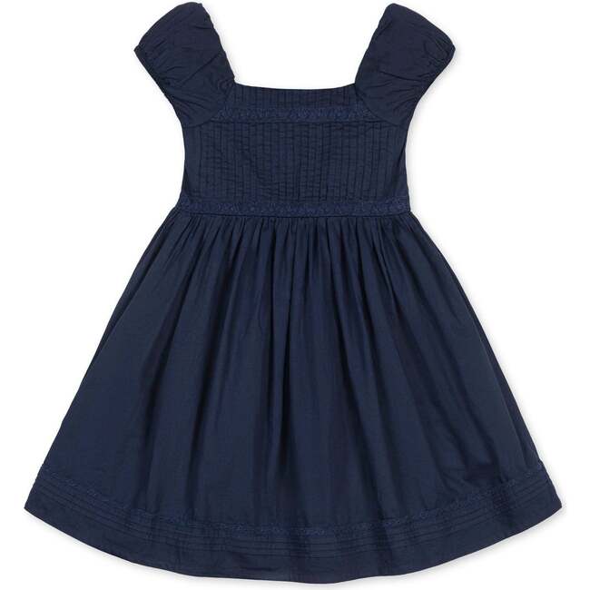 Organic Puff Sleeve Pintuck Sateen Party Dress, Navy