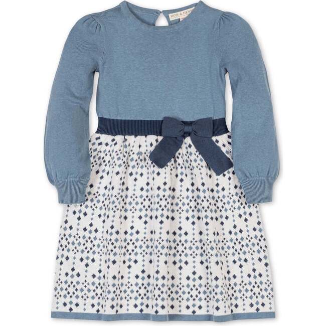 Organic Long Sleeve Skater Sweater Dress with Bow, Twilight Intarsia