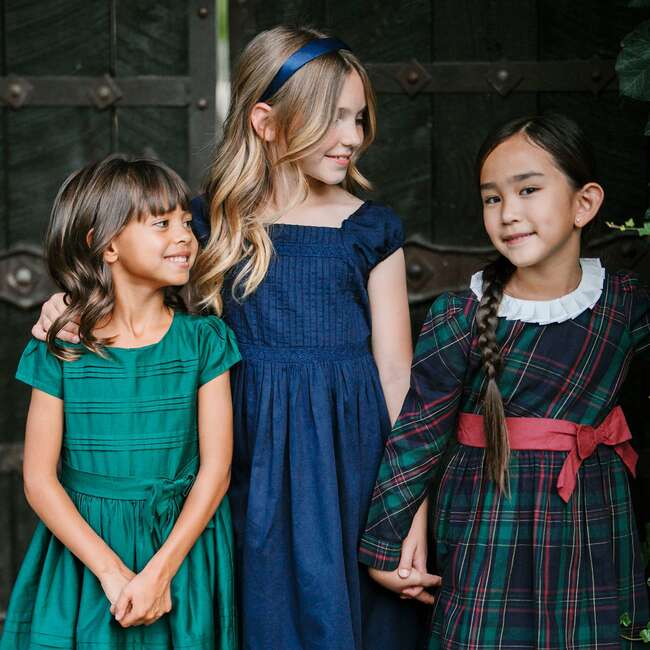 Organic Puff Sleeve Pintuck Sateen Party Dress, Navy - Dresses - 2