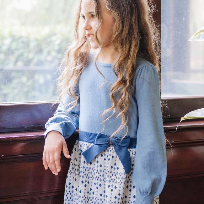 Organic Long Sleeve Skater Sweater Dress with Bow, Twilight Intarsia - Dresses - 2