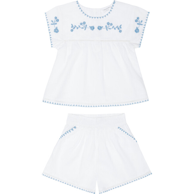 girls white embroidered cap sleeve top and short set