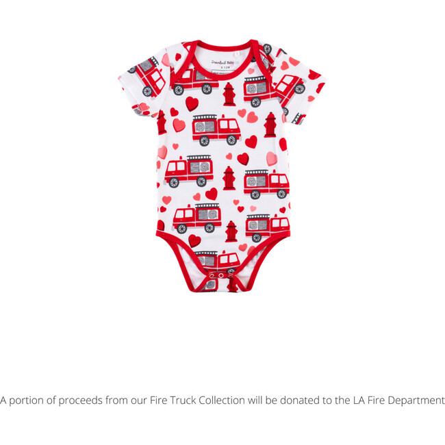 Baby Short-Sleeve Bamboo Bodysuit, Fire Truck Hearts - Onesies - 1