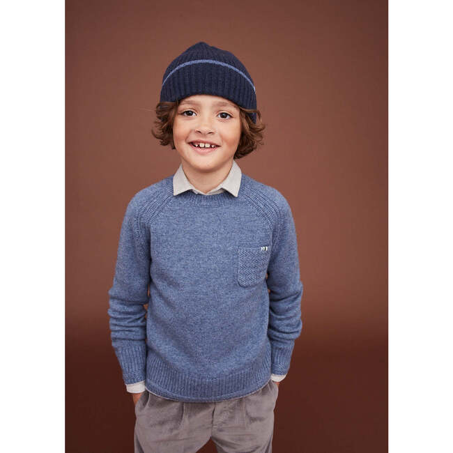 Merino Cashmere  Crew Neck Sweater, Blue Denim - Sweaters - 2