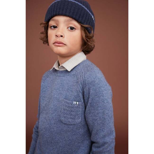 Merino Cashmere  Crew Neck Sweater, Blue Denim - Sweaters - 3