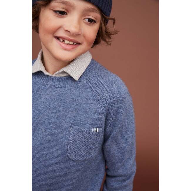 Merino Cashmere  Crew Neck Sweater, Blue Denim - Sweaters - 4