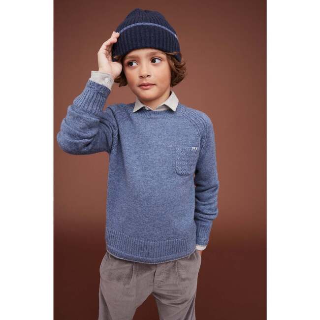 Merino Cashmere  Crew Neck Sweater, Blue Denim - Sweaters - 6