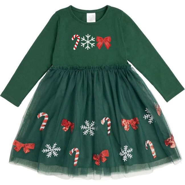 Emerald Candy Cane Sequin Christmas Long Sleeve Tutu Dress, Emerald Green