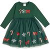 Emerald Candy Cane Sequin Christmas Long Sleeve Tutu Dress, Emerald Green - Dresses - 1 - thumbnail